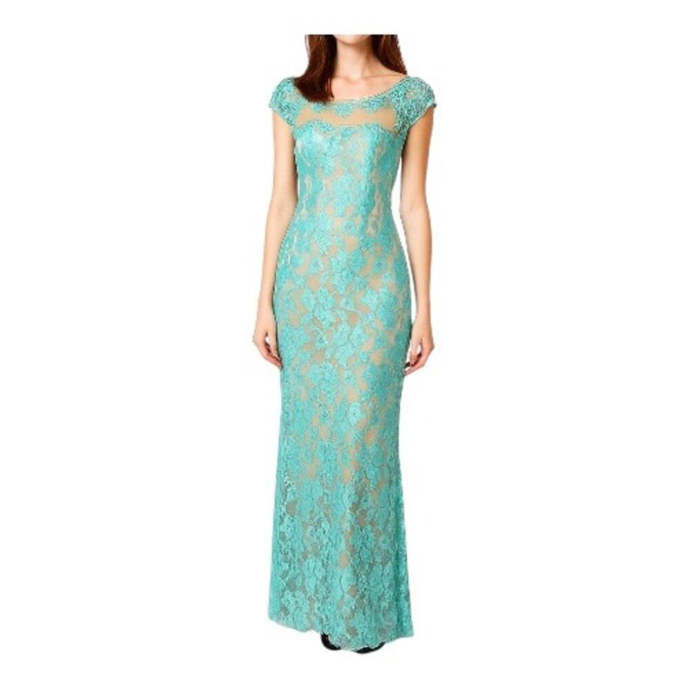 Jodi Kristopher Prom Gown Womens 1 Aqua Lace Maxi Dress Sheer Illusion Formal